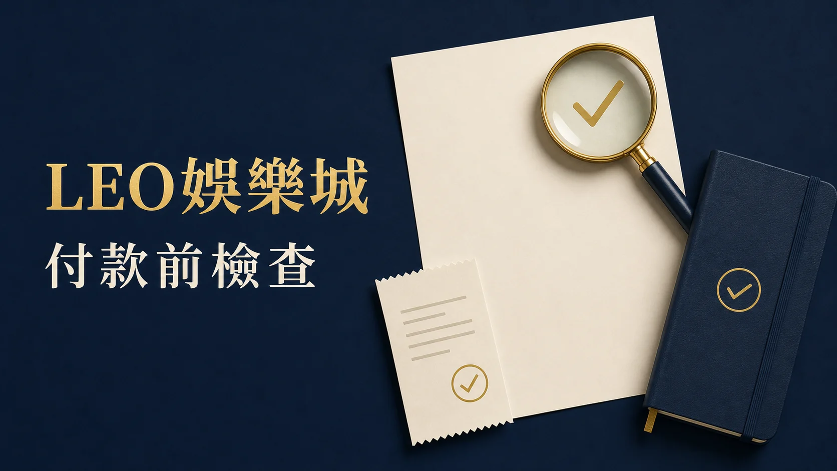 LEO娛樂城付款前檢查封面：文件、放大鏡與記錄筆記