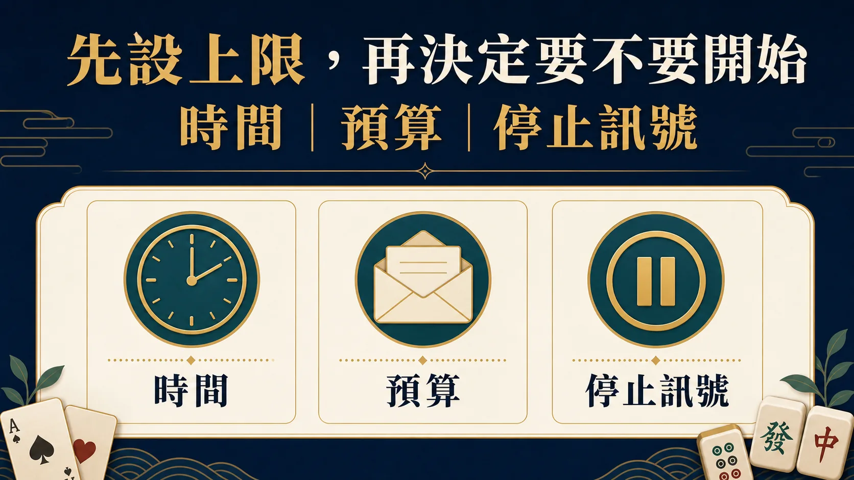棋牌娛樂的自我管理圖表：先設時間與預算上限，出現想追回、情緒煩躁或超出預算時停止